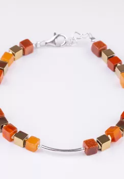 Bratara argint cu tuburi si serii de 5 cubulete din carneol, piatra lunii si hematit auriu imagine