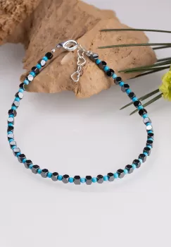 Bratara argint subtire din cuburi de hematit argintiu inchis si turcoaz 1.5mm imagine