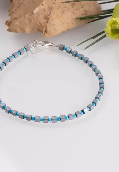 Bratara argint subtire din cuburi de hematit argintiu mat si turcoaz 1.5mm imagine