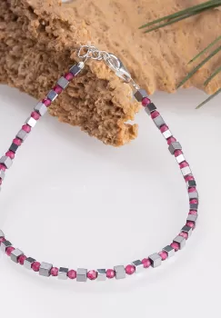 Bratara argint subtire din cuburi de hematit argintiu si cubic zirconia trandafiriu 1.5mm imagine