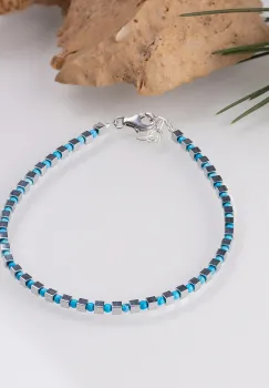 Bratara argint subtire din cuburi de hematit argintiu si turcoaz 1.5mm imagine