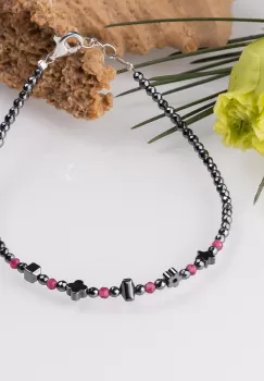 Bratara argint subtire din hematit argintiu inchis si cubic zirconia roz trandafiriu 1.5 mm imagine