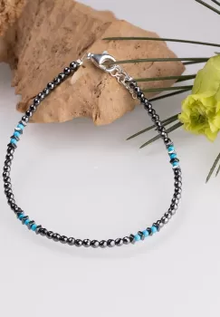 Bratara argint subtire din hematit argintiu inchis si turcoaz 1.5mm imagine