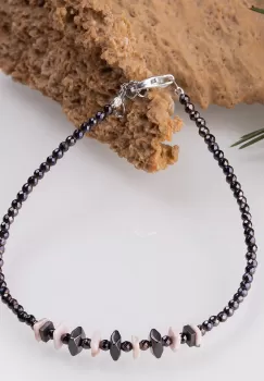 Bratara argint subtire din hematit cu tenta maronie si placute roz de rodonit imagine