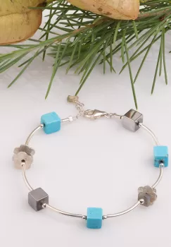 Bratara cu tuburi, flori din argint si cuburi de turcoaz imagine
