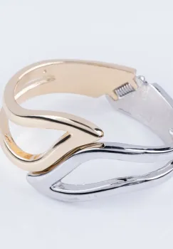 Bratara metalica argintiu cu auriu in forma de frunza stilizata imagine