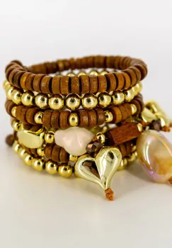 Bratara spiralata camel si auriu cu charm-uri ,   boho glam imagine