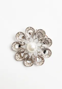 Brosa clips pentru esarfa, floare argintie cu pietricele albe si perla sintetica imagine