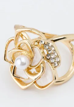 Brosa inel pentru esarfa, floare aurie cu pietricele albe si perla imagine