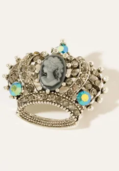Brosa metalica argintie - coroana regala cu camee, perle fine si pietricele argintii imagine