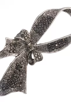 Brosa metalica argintie cu pietricele fatetate argintii, panglica cu funda imagine