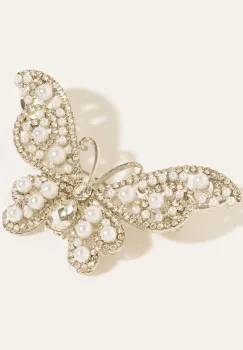 Brosa metalica argintie fluture cu perle si pietre mici, fine imagine