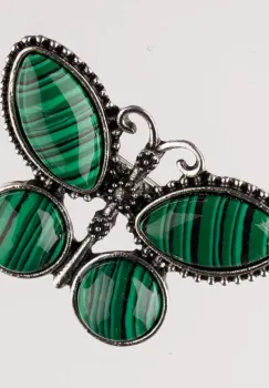Brosa metalica argintie fluture cu pietre naturale din malachit imagine