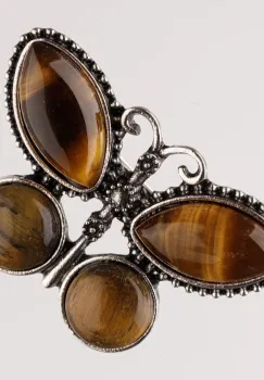 Brosa metalica argintie fluture cu pietre naturale din ochi de tigru imagine