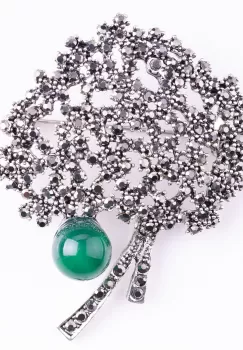 Brosa metalica argintie Pomul Vietii cu pietricele mici argintii si agata verde imagine