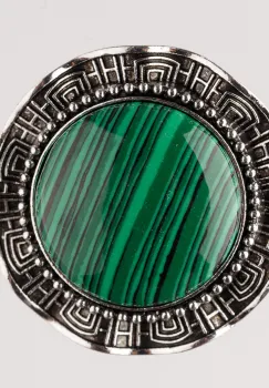 Brosa metalica argintie, rotund cu piatra naturala de malachit imagine