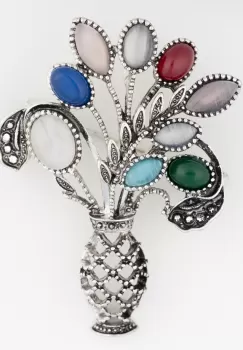 Brosa metalica argintie vaza cu flori multicolore imagine