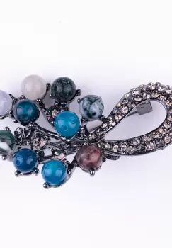 Brosa metalica argintiu inchis crenguta cu pietre naturale de agate, jasp si cuart roz imagine