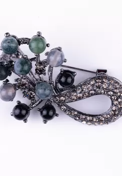 Brosa metalica argintiu inchis crenguta cu pietre naturale de aventurin si agata imagine