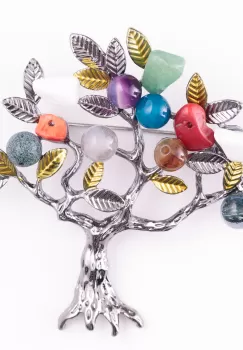 Brosa metalica argintiu inchis Pomul Vietii cu pietre naturale de carneol,coral, aveturin si agate imagine