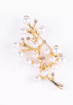 Brosa metalica aurie crenguta cu pietricele mici argintii si perle sintetice albe imagine