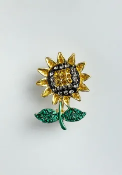 Brosa metalica aurie floarea soarelui miniaturala cu pietricele galbene si frunze verzi imagine