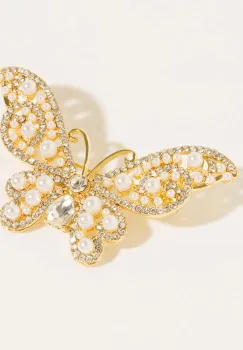 Brosa metalica aurie fluture cu perle si pietre mici, fine imagine
