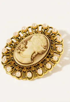 Brosa metalica aurie, ovala - camee cu perle si pietricele fine aurii imagine