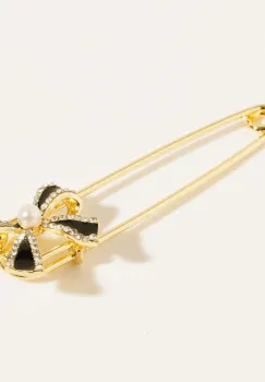 Brosa metalica aurie tip ac cu fundita si pietricele fine albe imagine