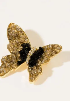 Brosa metalica fluture auriu cu petale din cristale aurii si negre fine, produs premium imagine