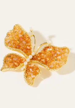 Brosa metalica fluture auriu cu petale din cristale aurii si perlute fine, produs premium imagine