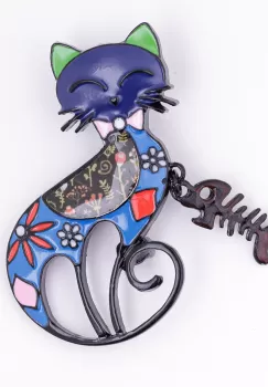 Brosa metalica neagra pisica cu pestisor atarnat la gat, albastru si verde imagine