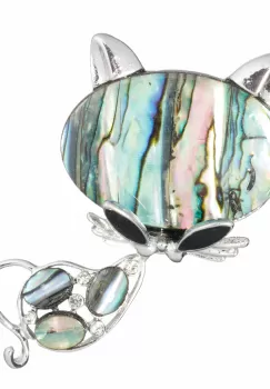 Brosa pandant argintie cu scoica naturala paua shell si pietricele argintii - pisicuta cu ochelari imagine