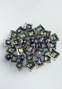 Brosa pandant metalica argintie, model geometric cu paua shell si ametist naturale imagine