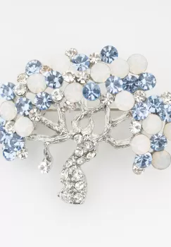 Brosa pandant metalica Pomul Vietii argintiu cu pietricele in nuante alb-bleu imagine