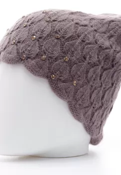 Caciula bej inchis model tricotat cu fir de lurex si strasuri aplicate, captusita in interior imagine