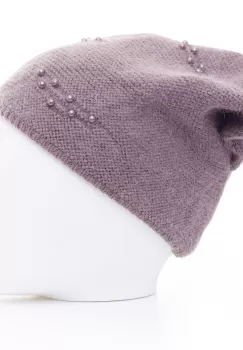 Caciula bej inchis model tricotat cu perle fine aplicate, dublata in interior imagine