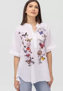 Camasa alba subtire, de vara, din batist de bumbac, cu imprimeu fluturi imagine