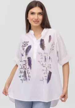 Camasa alba subtire, de vara, din batist de bumbac, cu imprimeu pene imagine