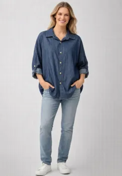 Camasa albastra din bumbac tip denim, croi lejer, stil casual modern imagine