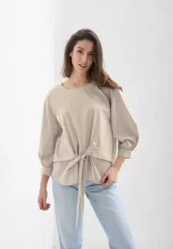 Camasa bej din poplin de bumbac cu funda in fata imagine