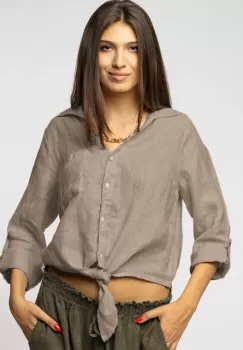 Camasa bej inchis din in cu nod in fata imagine