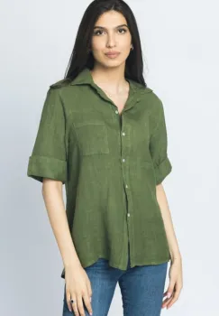 Camasa clasica din in cu buzunar pe piept si maneca 3 4, kaki imagine