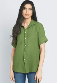 Camasa clasica din in cu buzunar pe piept si maneca 3 4, verde oliv imagine