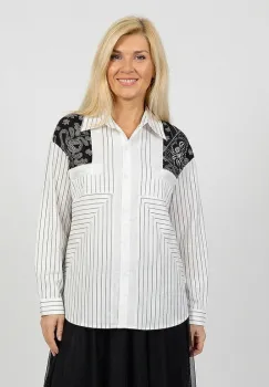 Camasa dama alb-negru cu dungi si imprimeu decorativ imagine