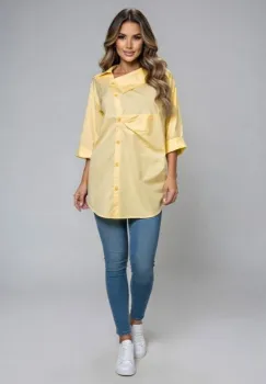 Camasa dama lejera din bumbac cu guler asimetric, galben imagine