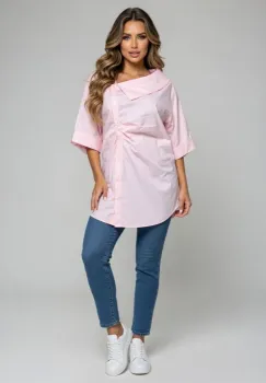 Camasa dama lejera din bumbac cu guler asimetric, roz prafuit imagine