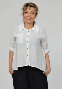 Camasa din in cu buzunar pe piept, alba imagine