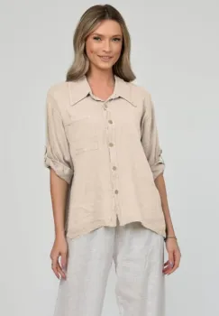 Camasa din in cu buzunar pe piept, bej deschis imagine