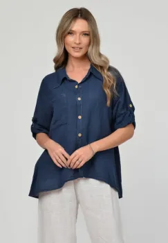 Camasa din in cu buzunar pe piept, bleumarin imagine